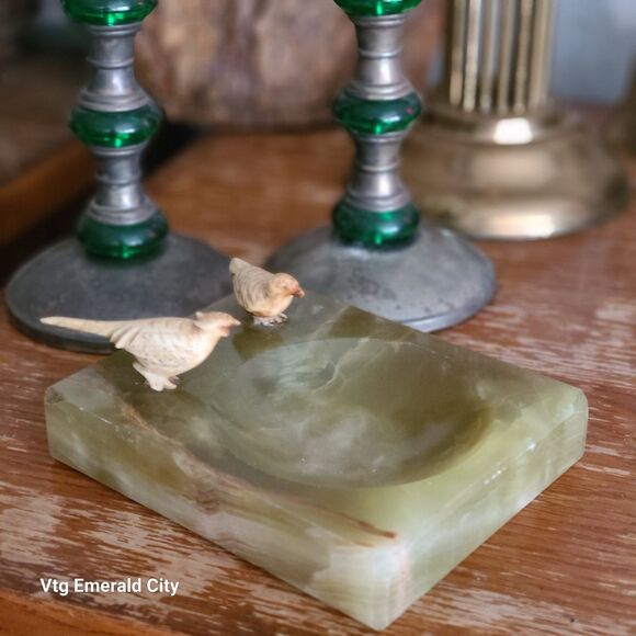 Vtg Green Onyx Marble Soap Cigar Jewelry Desktop Holder Bird Trinket Dish